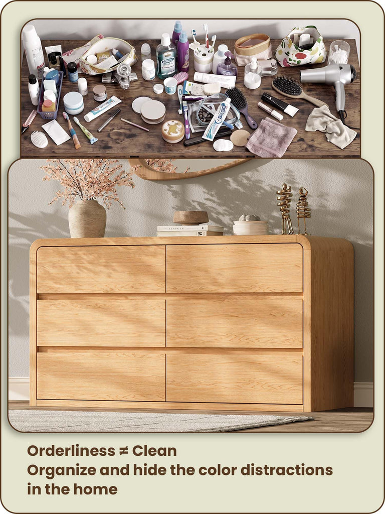 Modern 54" Wide 6 Drawers Dresser with Curved Profile Design, Oak