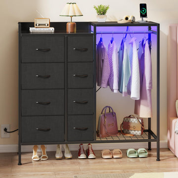 8-Drawer Dresser with Hanging Rack, Black, 11.8" D