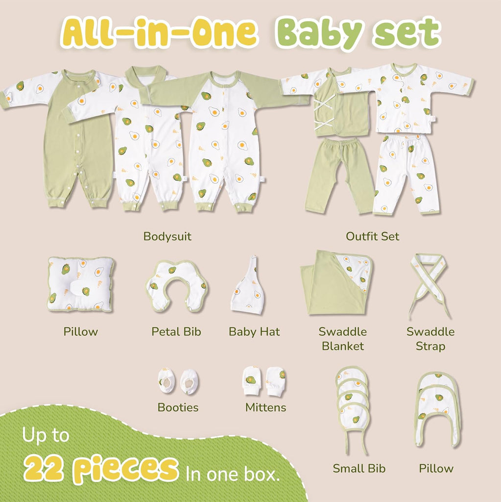 Piece Organic Cotton Newborn Gift Set with Keepsake Box, Avocado Print, All-Season, Unisex 3-6 Months