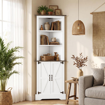 68" Tall Farmhouse Corner Cabinet with Doors, 5-Tier Corner Storage Cabinet with 3 Adjustable Shelves, Freestanding