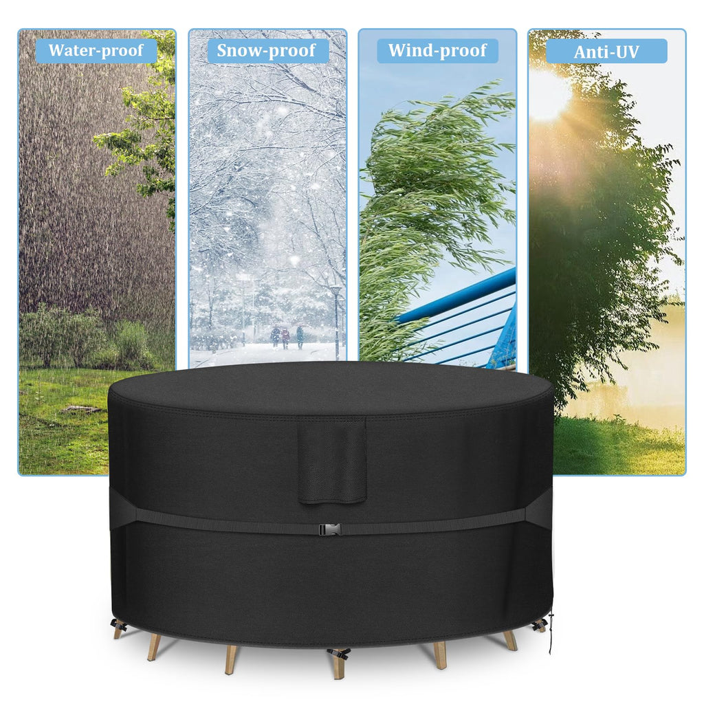 Round Patio Furniture Covers - 600D Heavy Duty Waterproof Outdoor Table Cover, Lawn Furniture Set Covers for Dining