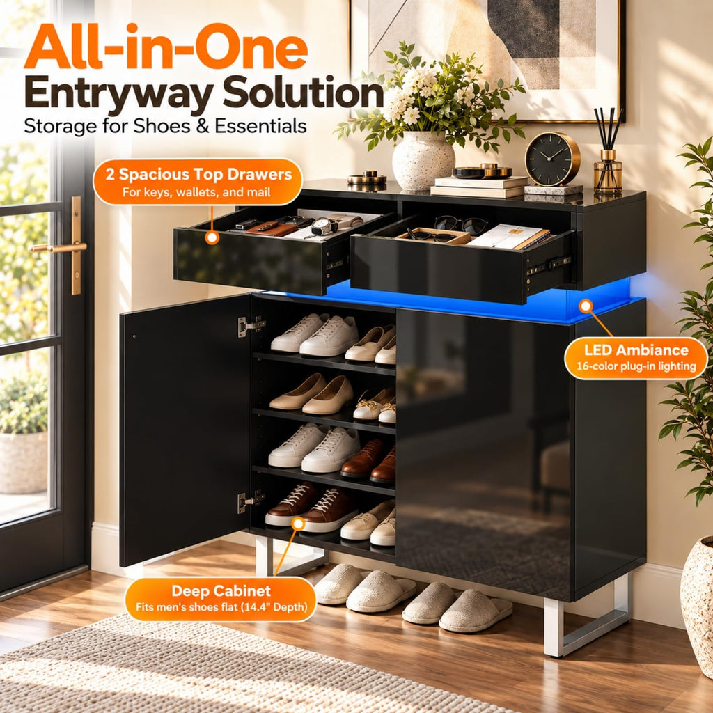 High Gloss Black Shoe Cabinet with LED Lights & 2 Storage Drawers