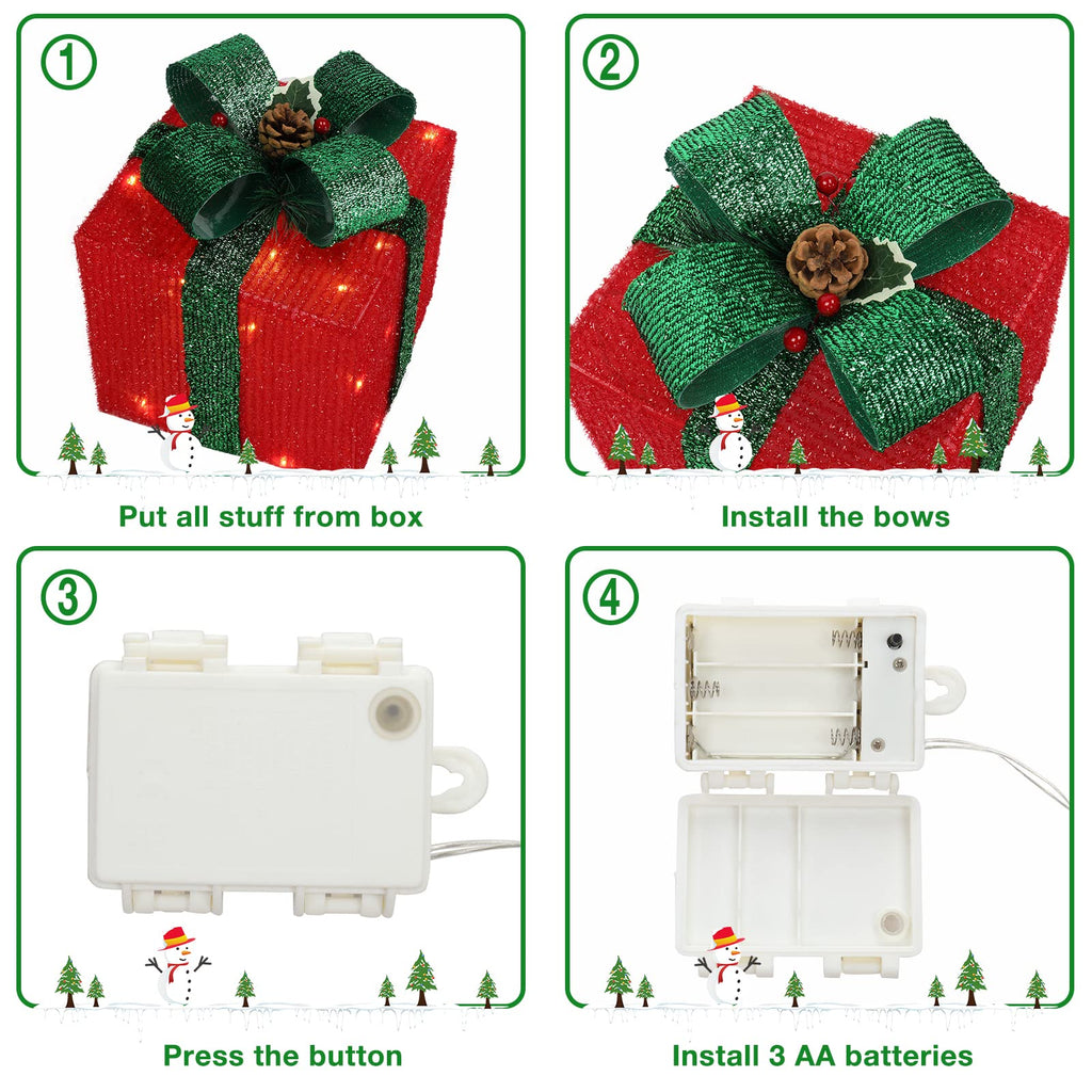 Christmas Lighted Gift Boxes Set of 3, Weather Proof Present Boxes Ornament Home Decor Pre-lit 60 LED Lights