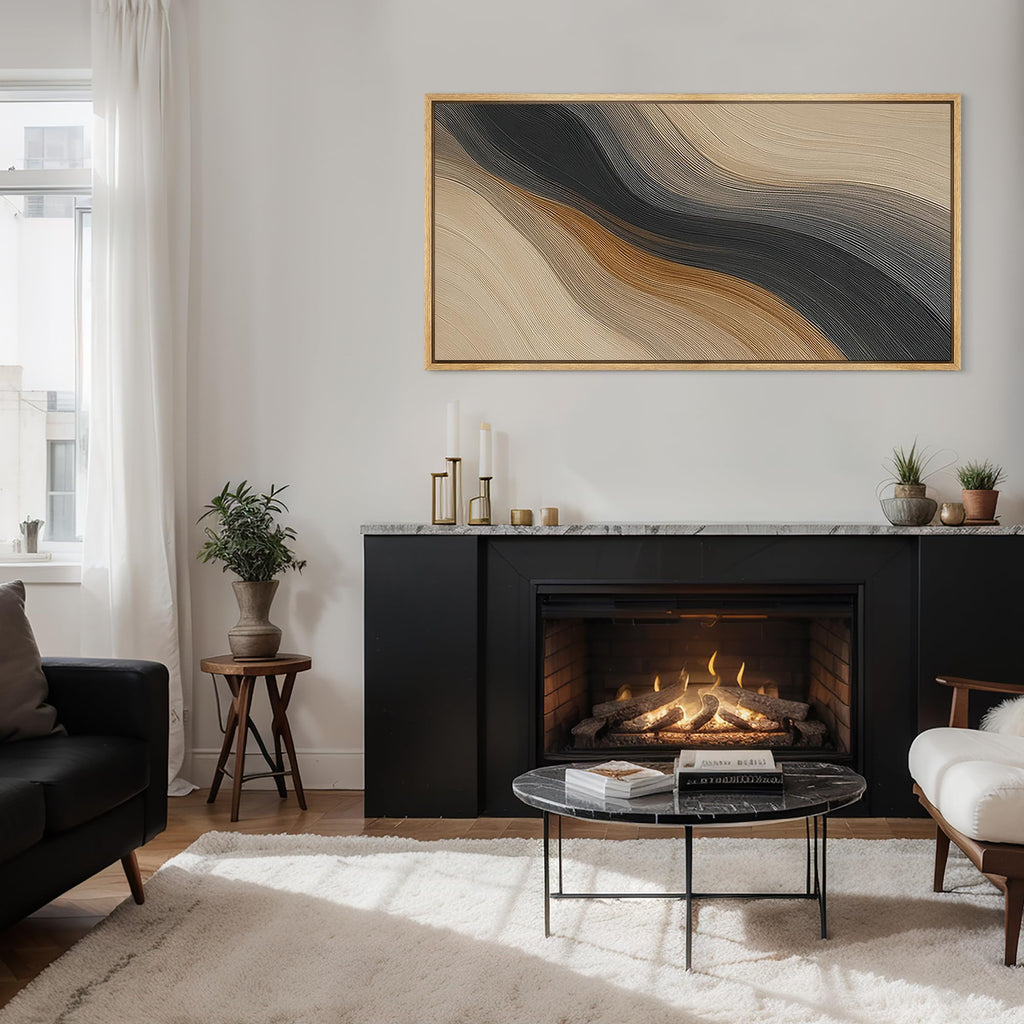 Extra Larg Framed Canvas Print Wall Art Abstract Wave Pattern Neutral Black and Brown Modern Geometric Illustrations