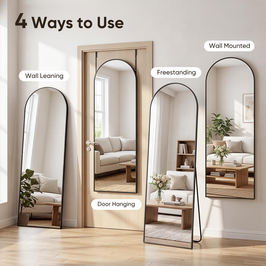 58"x20" Over The Door Mirror, Arched Full Length Mirror, Black