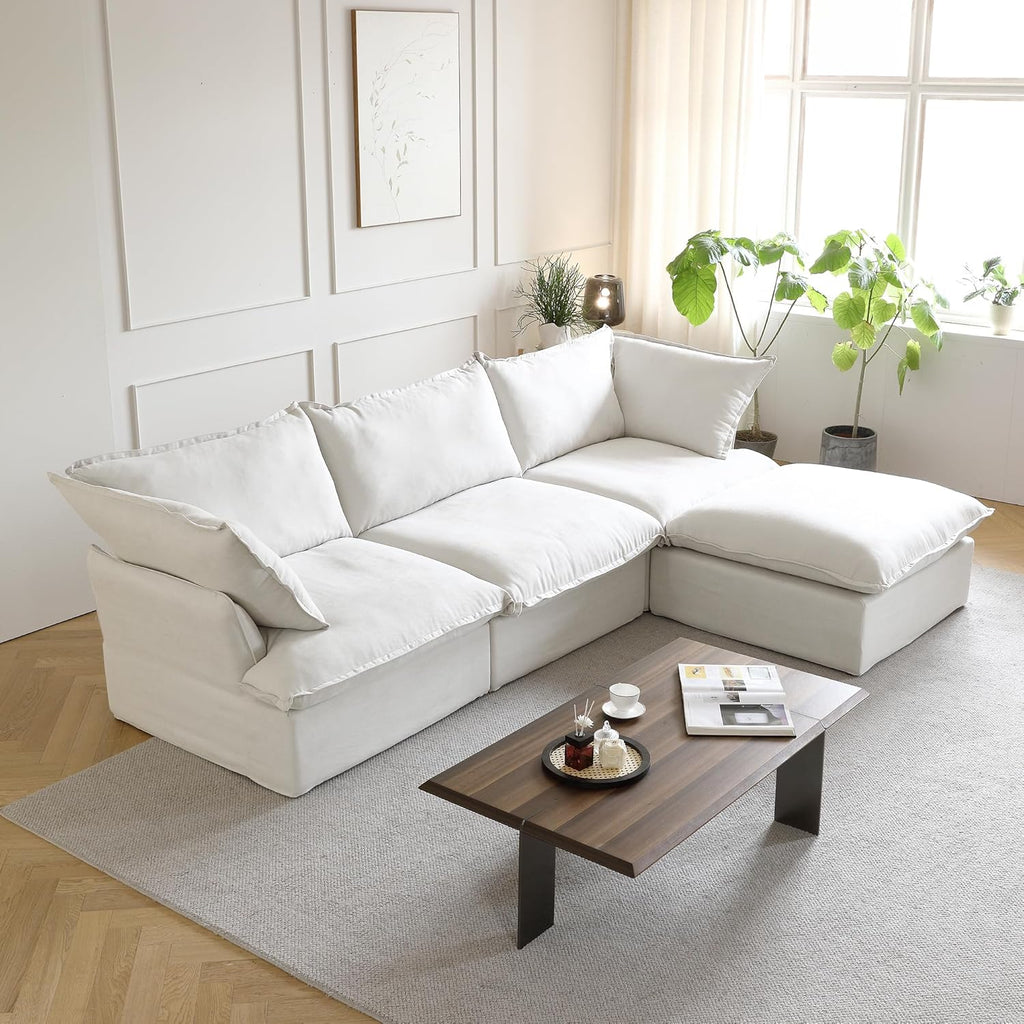 L-Shaped Sectional Couches, Comfy Modular Sectional Couch, Cushion Covers Removable, Two Corners and A Middle, Sofas Furniture for Living Room, White A124-B0D9BJ74D9