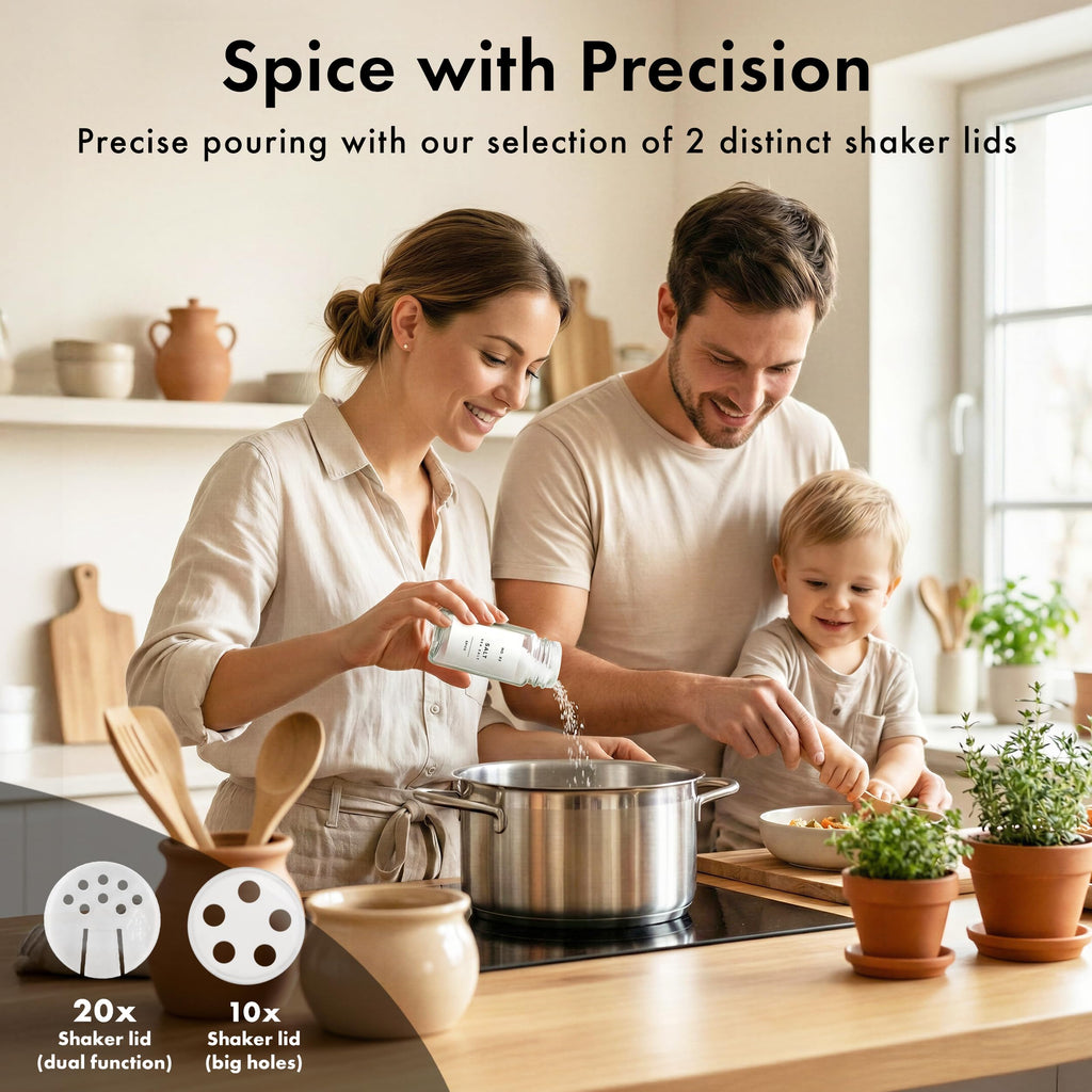 Glass Spice Jars with Label, 24x Acacia Wooden Lids - White Labels