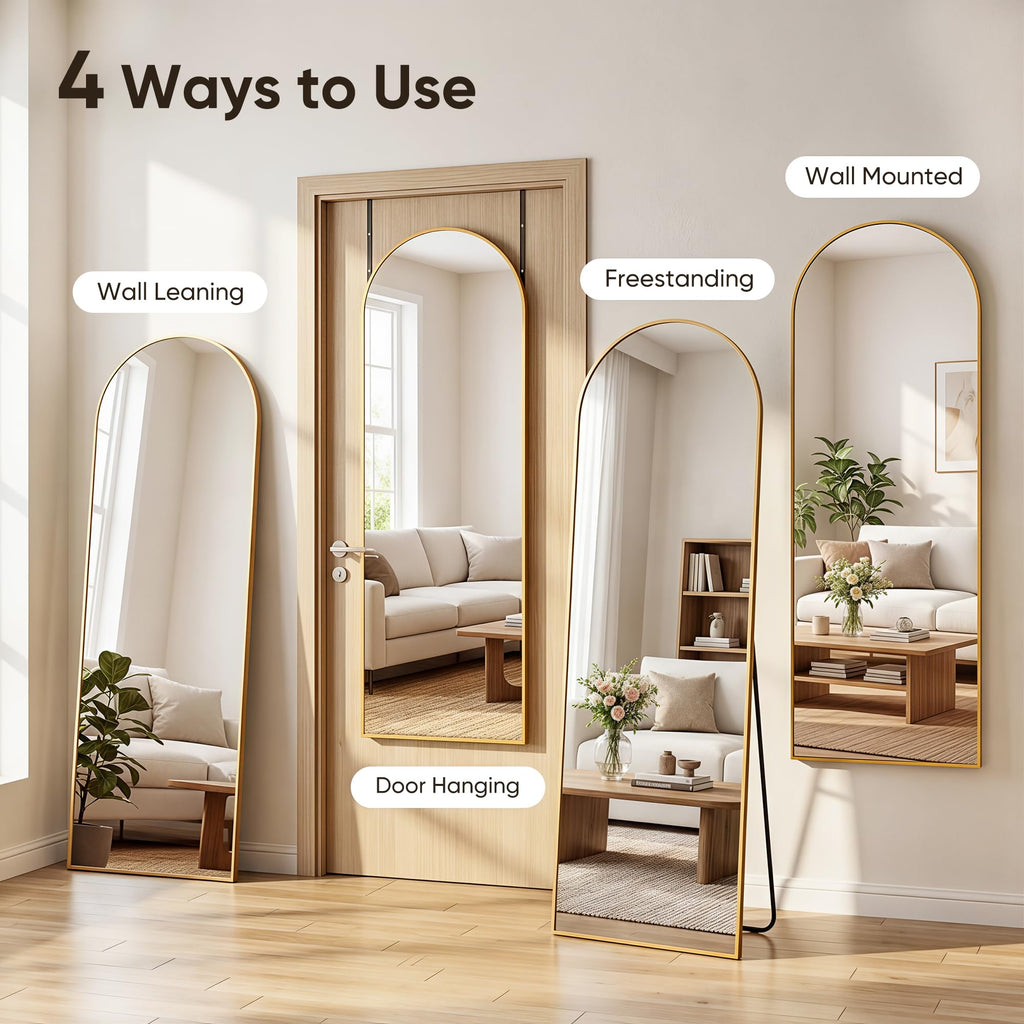 58"x20" Over The Door Mirror, Arched Full Length Mirror, Gold