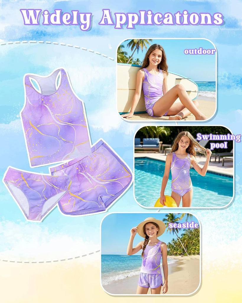 Girls Tankini Swimsuit 3 Piece Bathing Suit Set Cute Bikini Swimwear with Shorts Summer UPF 50+ Racerback Kids Swim