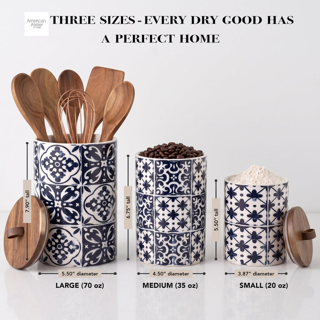 Ceramic Kitchen Canister Set w/Lids Medallions, Blue, 3PC