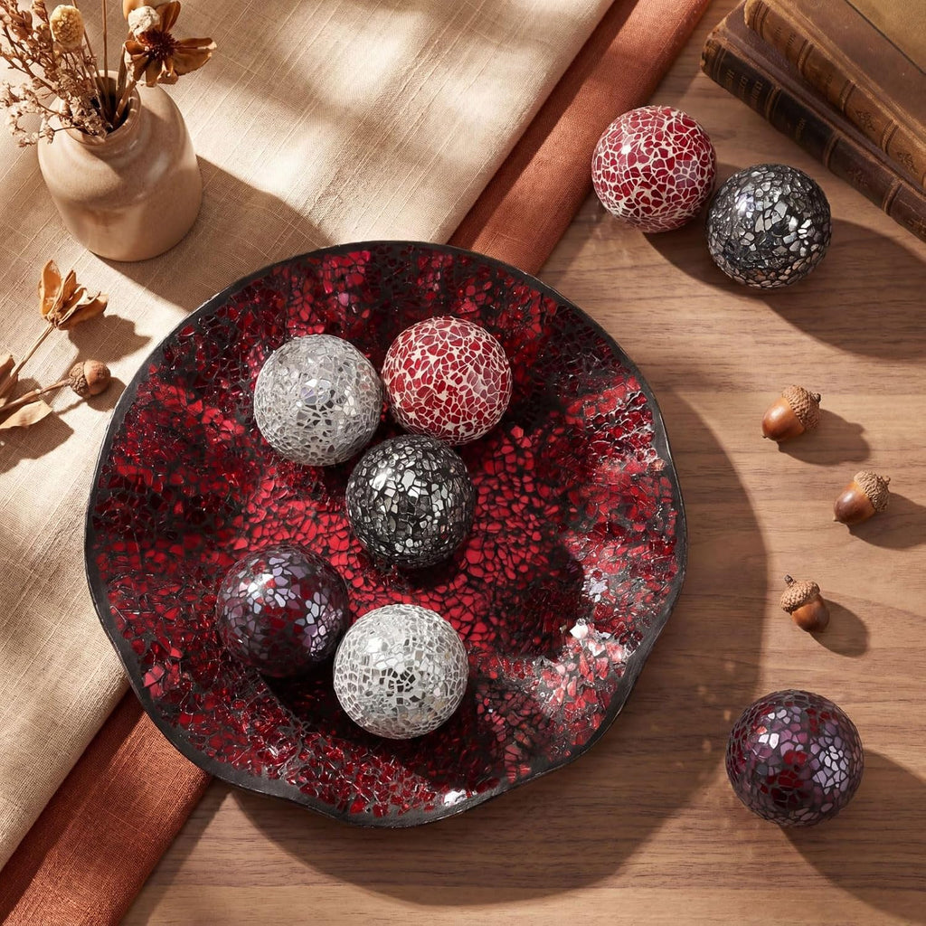 Centerpiece Bowl and Decorative Balls Set Table Mosaic Plate with 2.4 Inch Glass Mosaic Orbs Glass Turquoise - Set of 8