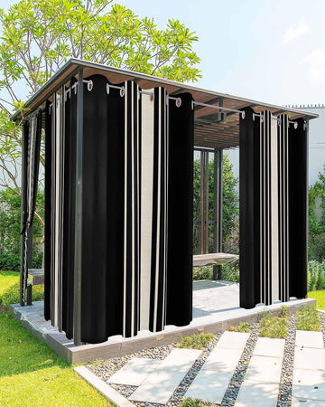 Outdoor Curtains , Black Beige Striped Waterproof Blackout Outside Curtain for Porch/Pergola/Gazebo, Modern Farmhouse