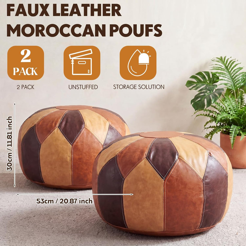 2 Pcs Unstuffed Moroccan Faux Leather Pouf Ottoman with Storage Round Boho Floor Pouf Foot Stool Decorative Ottoman