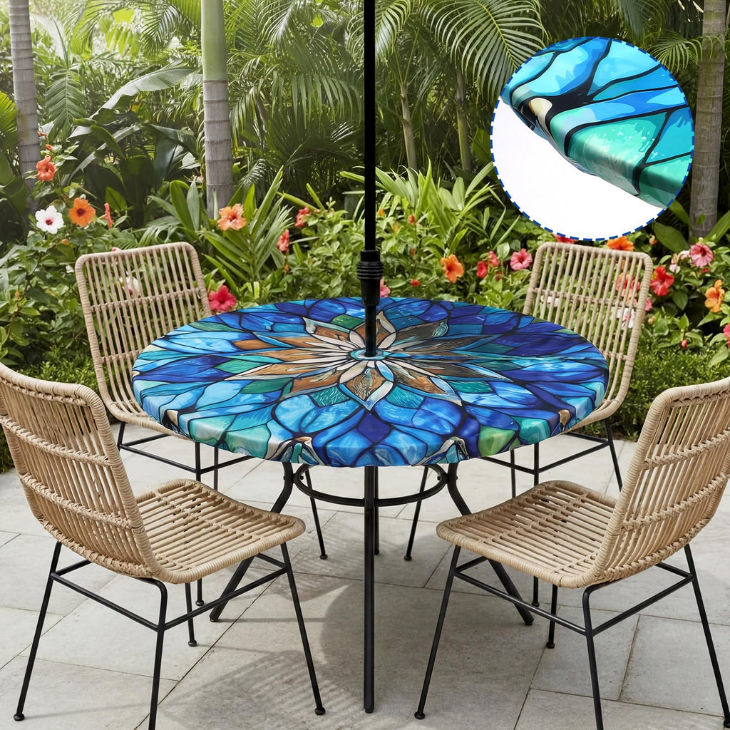 Mandala Round Tablecloth with Umbrella Hole, 45"-53"