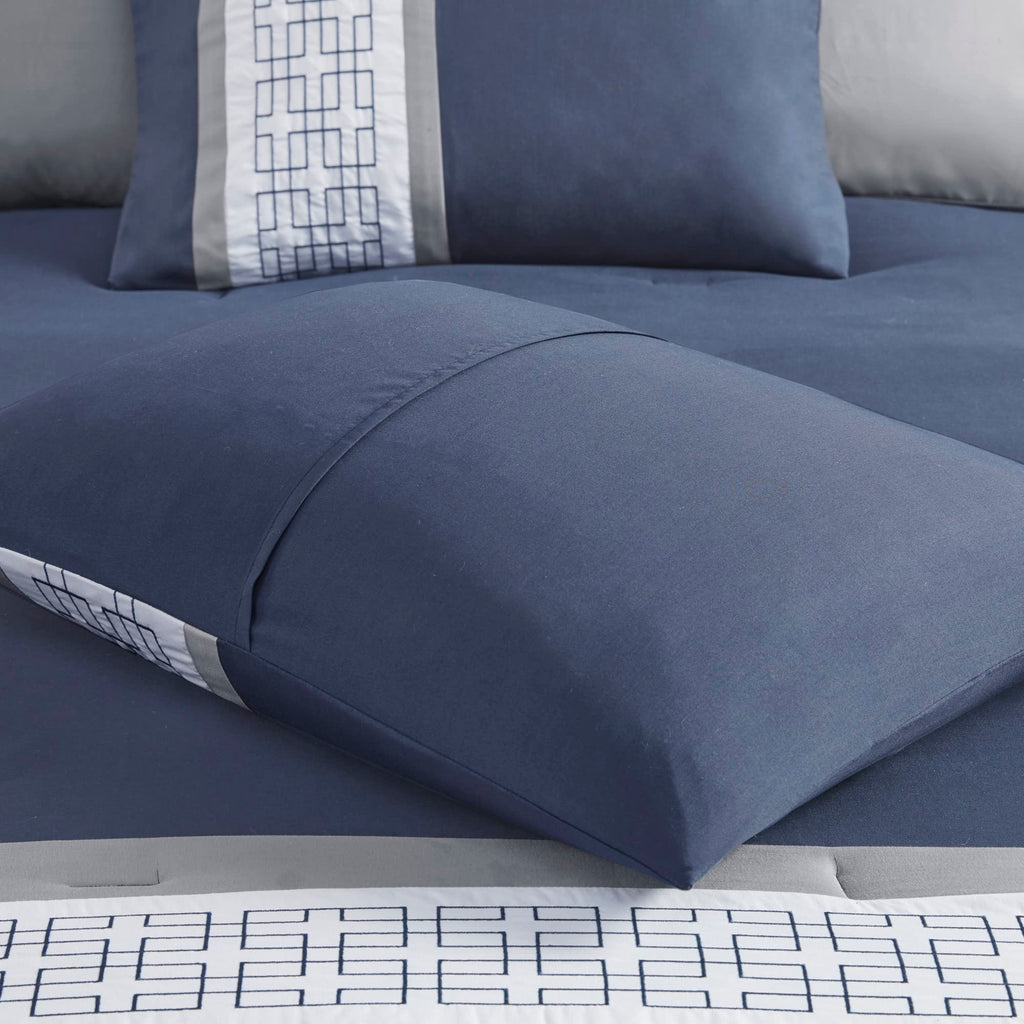 Powell Cozy Comforter Set, Hotel Style Border Design with Geometric Embroidery Details, All Season Bedding with