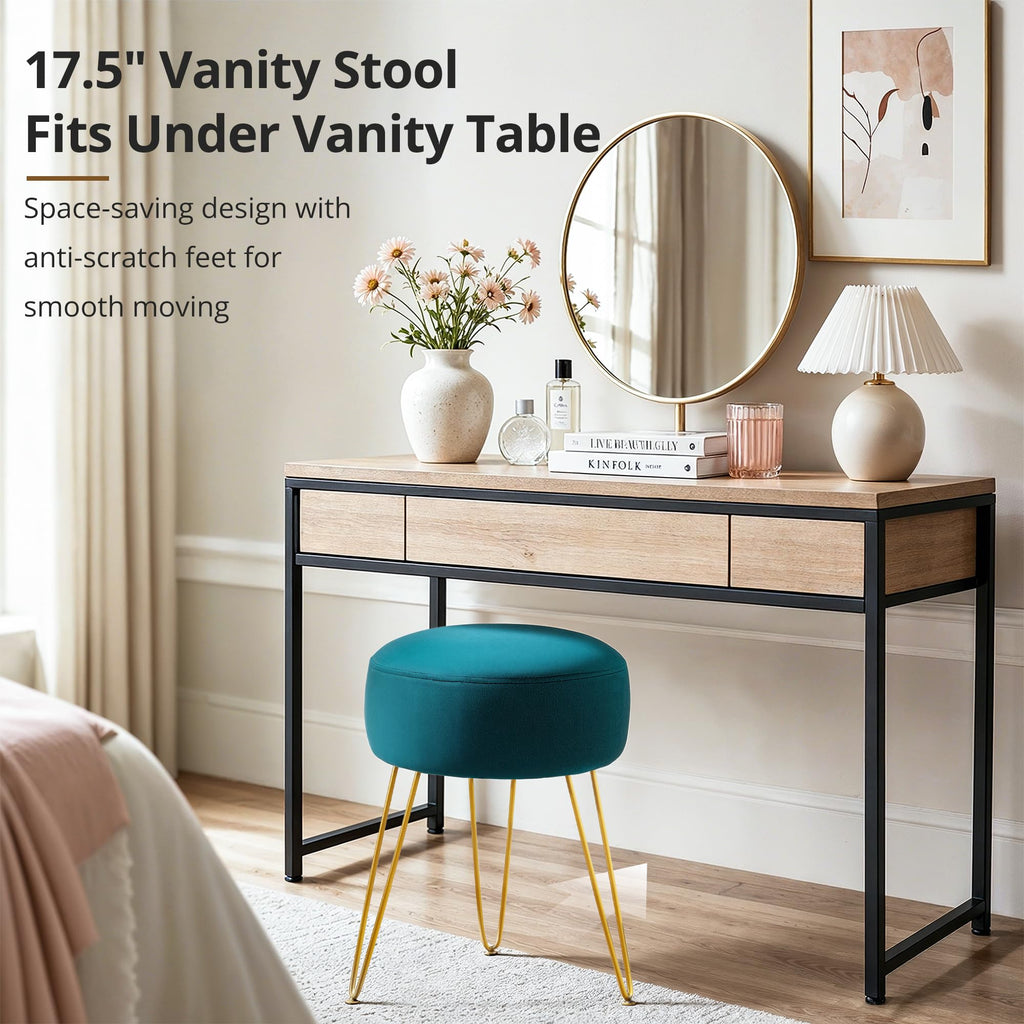 Vanity Stool, Teal Vanity Stools for Makeup Room, Round Ottoman Foot Stool, Velvet Footrest Vanity Chair Vanity