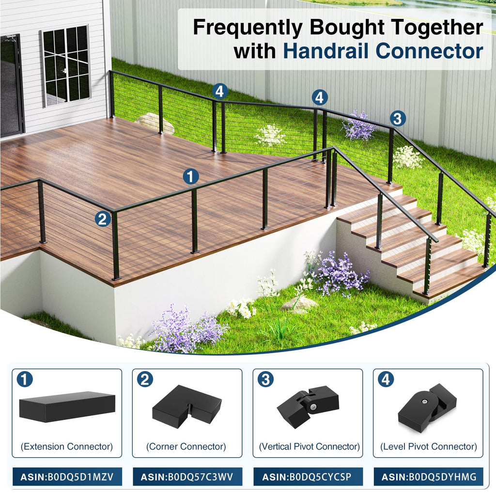 6FT Black Rectangular Handrail, 4 Pack Stair Cable Railing Handrail