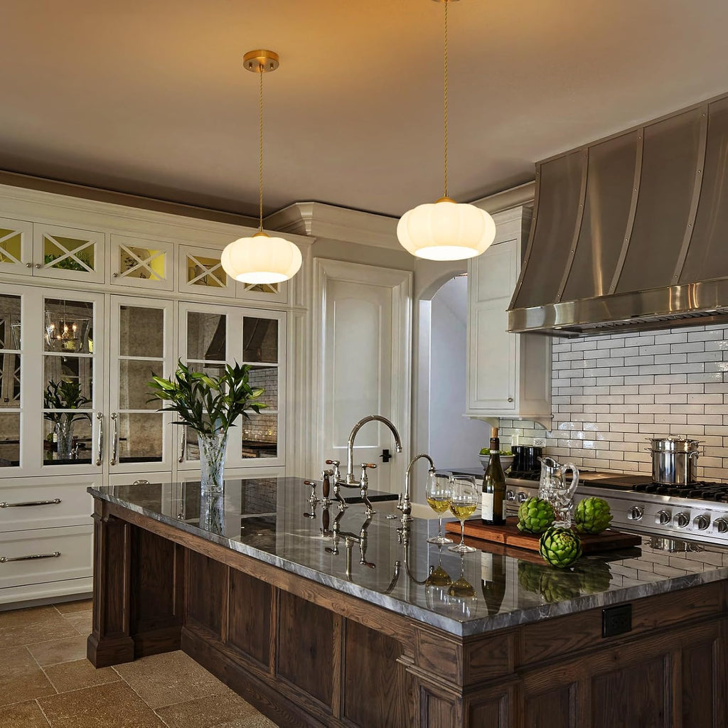 9.84" Mid-Century Modern Pendant Lights Kitchen Island,1-Light Brushed Gold Kitchen Light Fixtures with Opal Milky