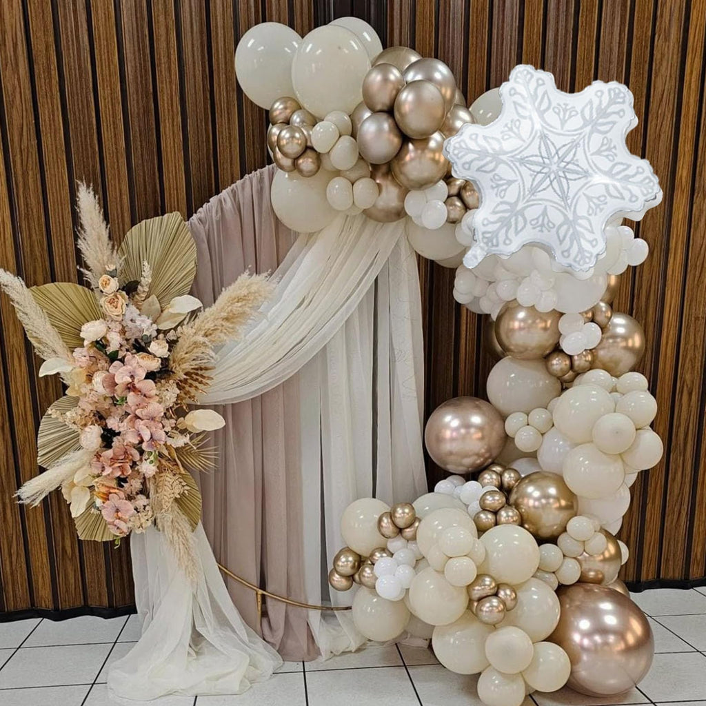 Snowflake Balloon Garland Arch Kit, Gold and White Sand Balloon Arch with Clear Snowflake Foil Balloons for Winter