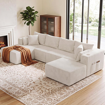 130" Cloud Sectional Boneless Couches, Modular U Shaped Couch with Deep Seat, Removable Ottoman, Memory Foam