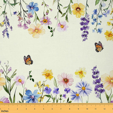 Flowers Fabric by The Yard, Country Rustic Style Soft Polyester No Stretch Fabric, Butterfly Daisy Floral Decorative