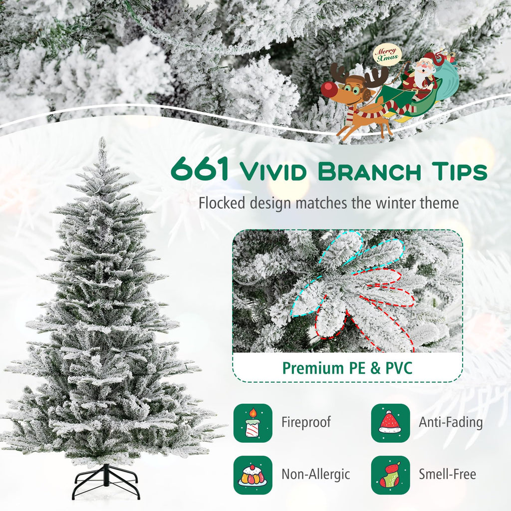 6 FT Pre-lit Artificial Xmas Tree with Remote Control, Flocked Christmas Tree with 661 PE PVC Branch Tips, 500 Cold