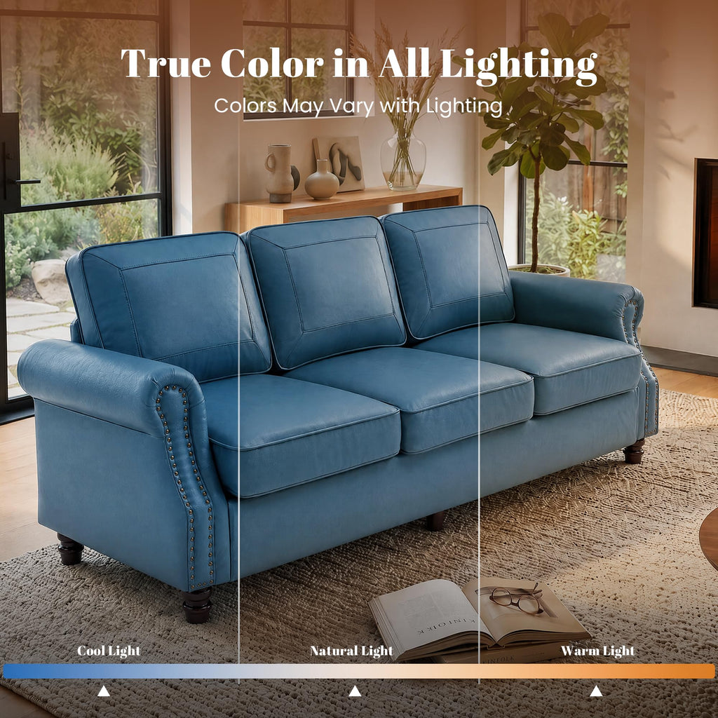 Faux Leather Loveseat Sofa with Rolled Arms, Royal Blue