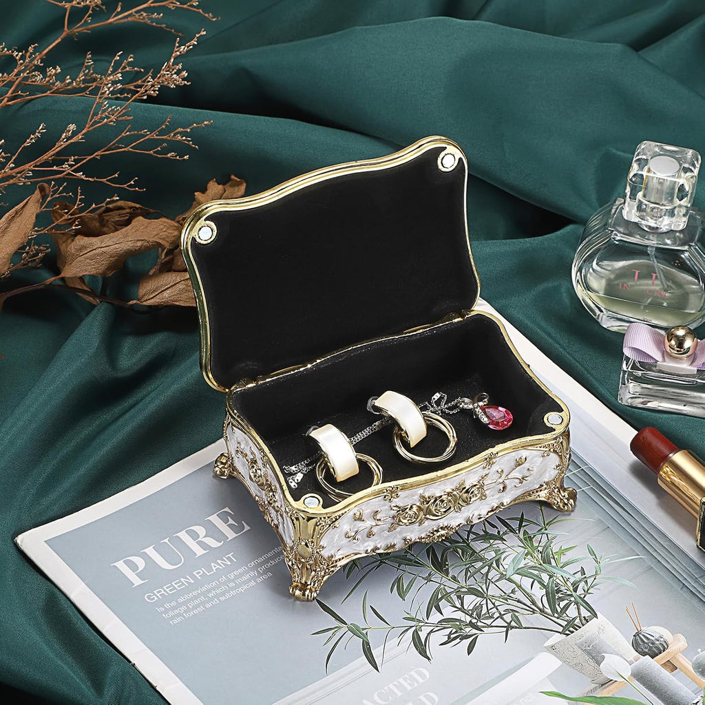 Metal Jewelry Box with Rose Pattern - Vintage Gold Trinket Organizer
