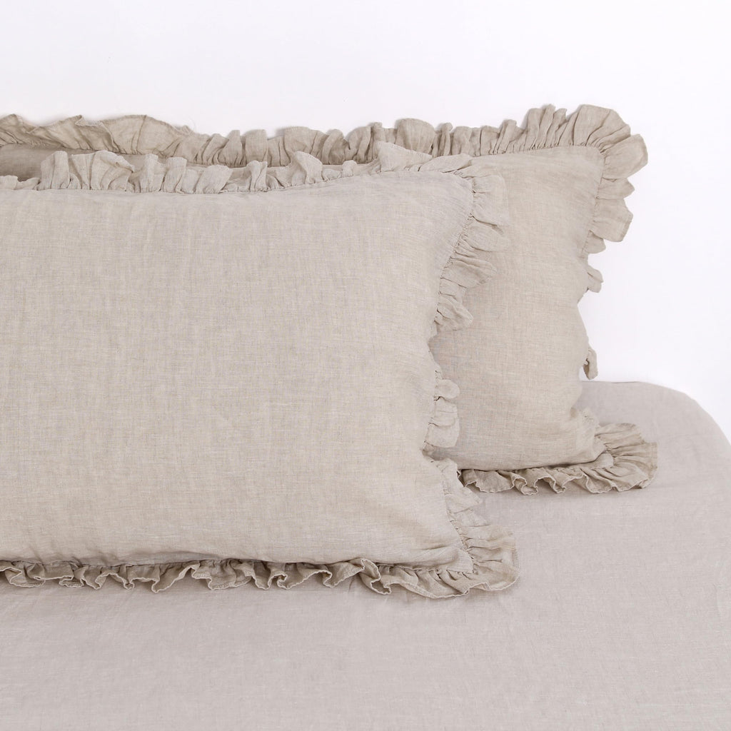 Linen World Linen Ruffled Pillow Cases 20''x30'' - 100% French Natural Linen Pillowcase Set of 2, Ruffled