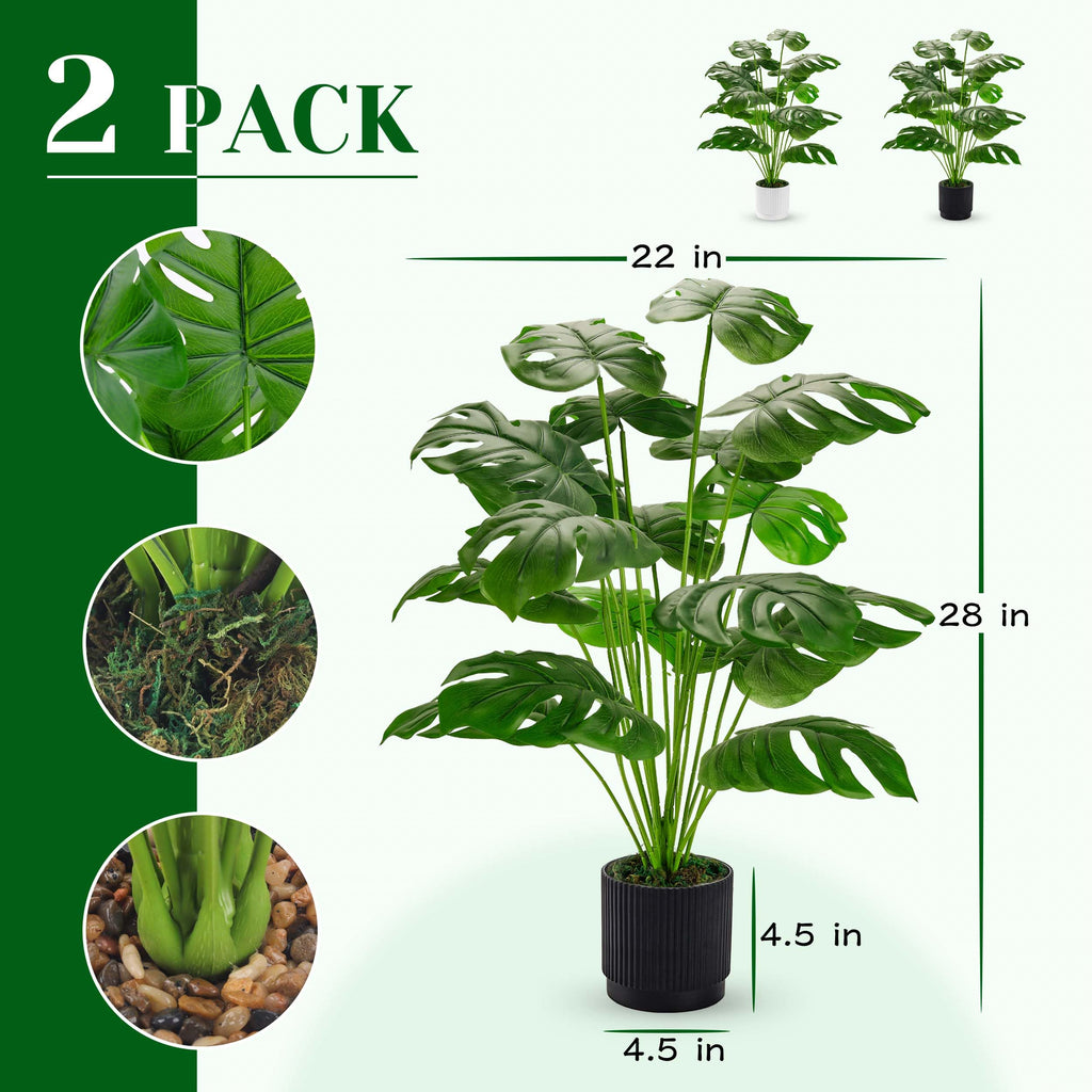2 Pack 28" Fake Plants, Monstera Plants in White and Black Pots
