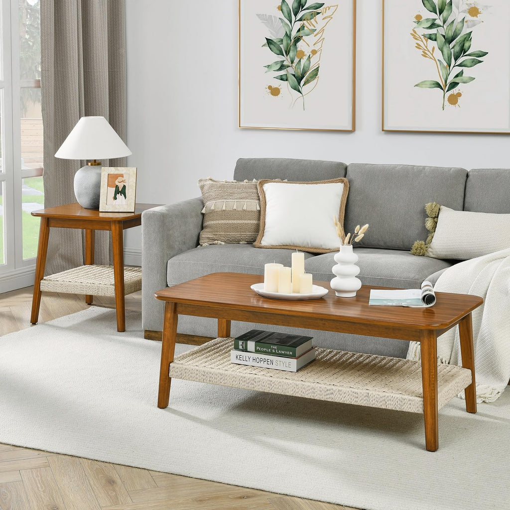 23'' Square Solid Wood Side Table, Handmade Natural Rattan Side Table Coffee Table, Office Apartment Small Space