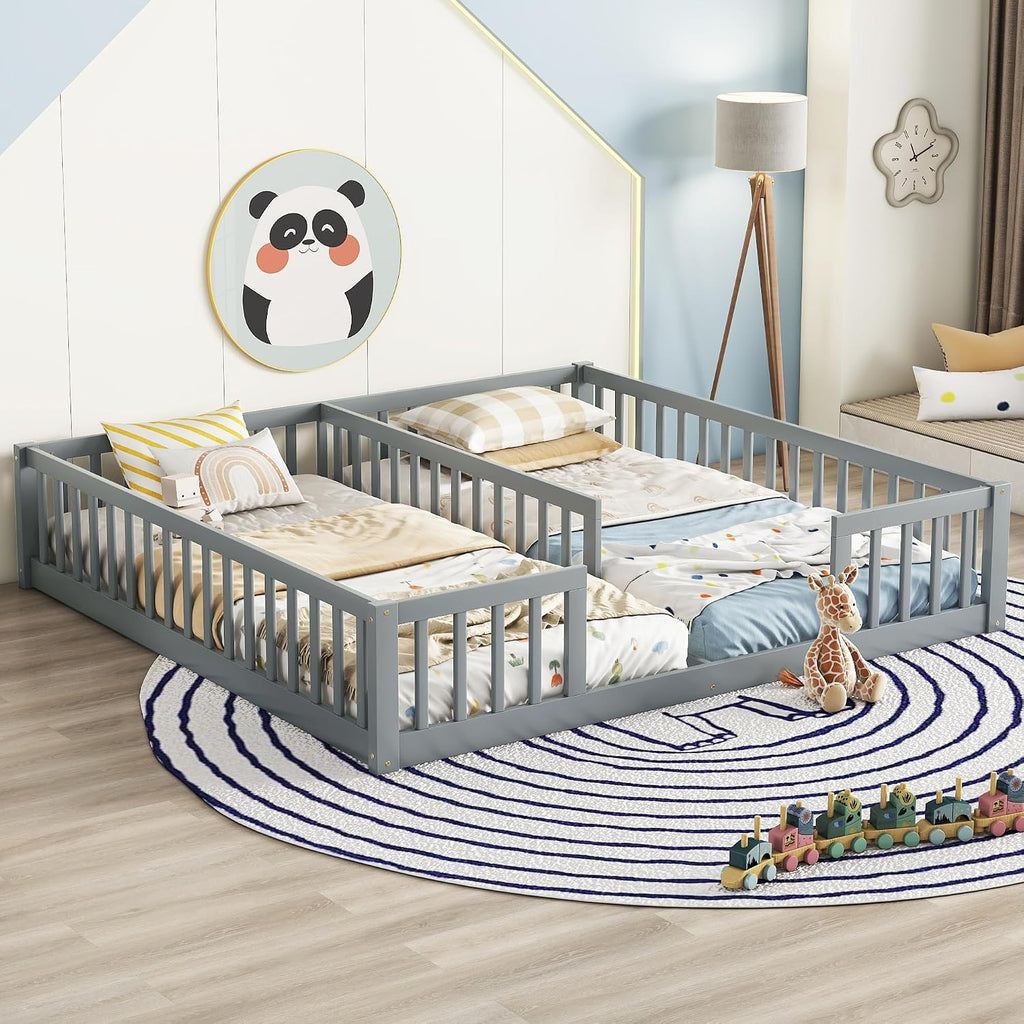Double Floor Bed for Twins, Two Shared Beds, Floor Bed for 2 Kids, Double Bed with Guardrails for
