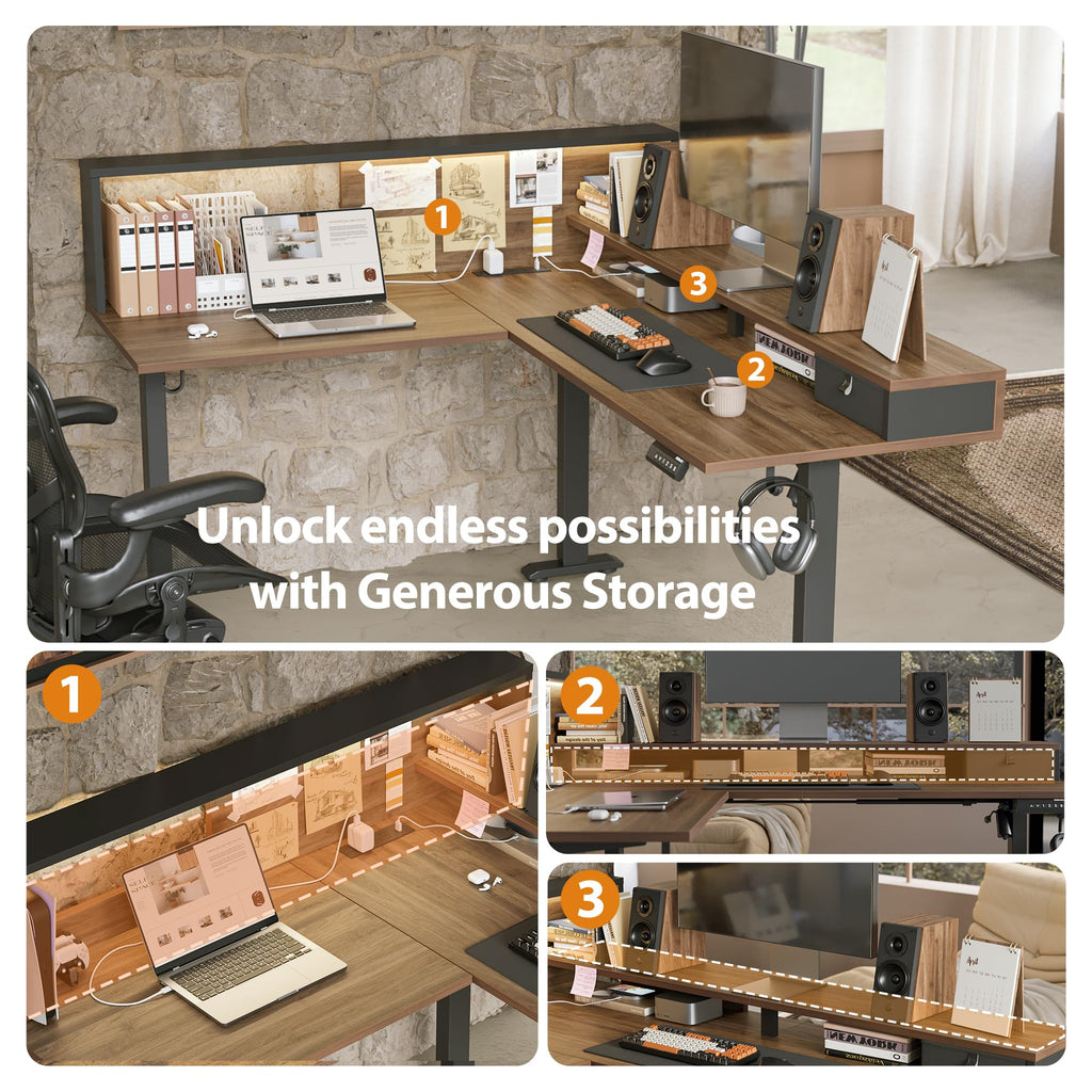 63 Inch L Shaped Electric Standing Desk with Led, Dark Walnut