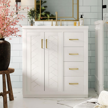30 Inch White Bathroom Vanity with Sink & Gold Handles, Light Luxury