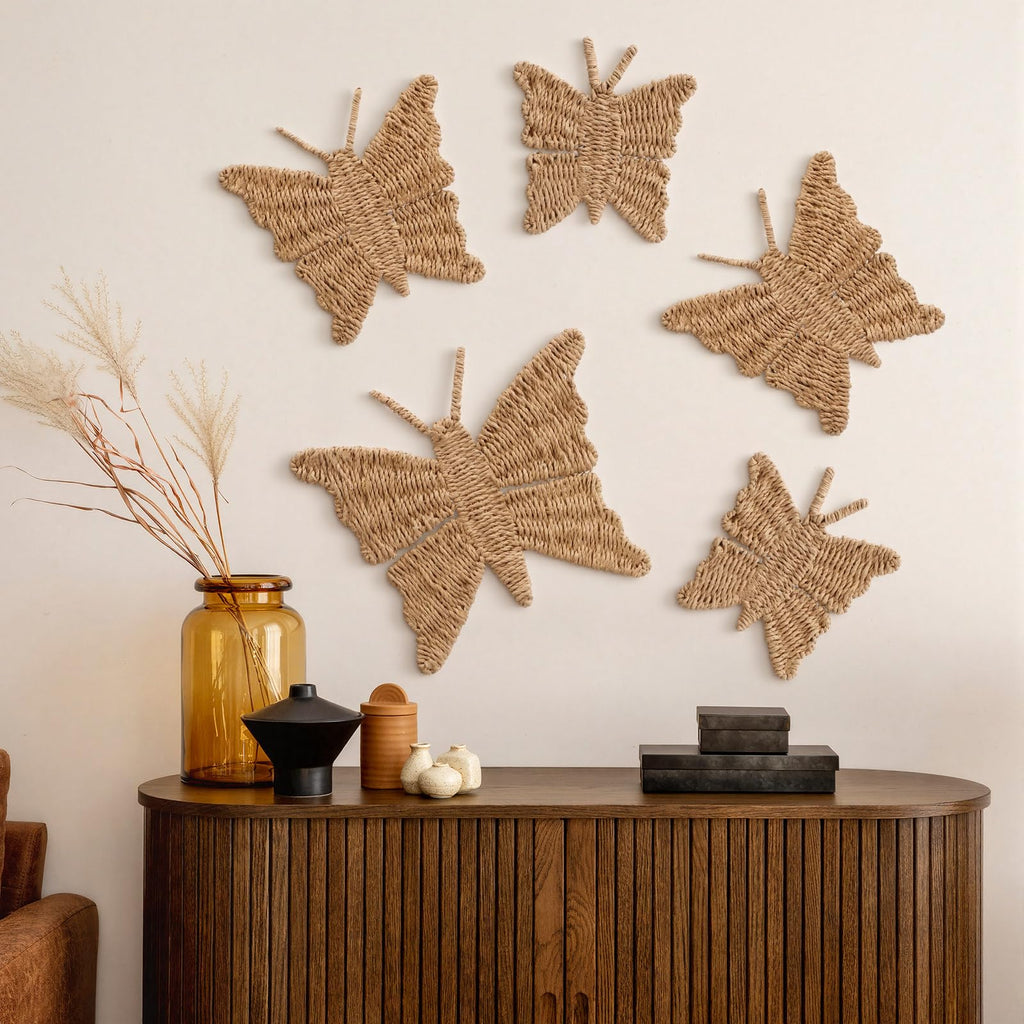 5 Pcs Butterfly Wicker Wall Decor 3 Size Spring Natural Rattan Decor Boho Wall Art Rustic Cottagecore Hanging