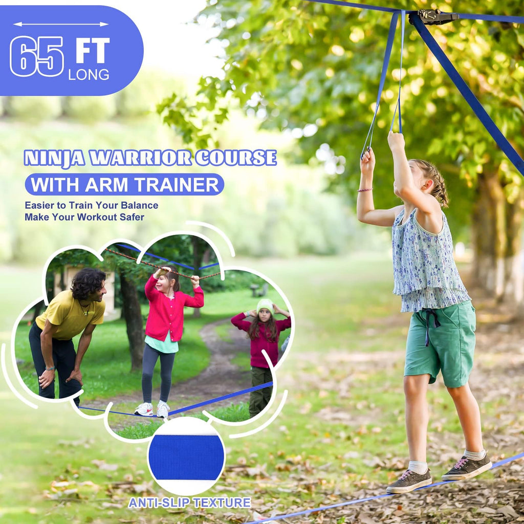 Warrior Obstacle Course for Kids Backyard-65ft Slackline Kit with 13 Obstacles, Upgraded Quick-Install Buckles No