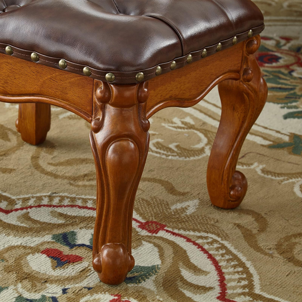Solid Wood Footstool with Microfiber Leather Seat (Retro Brown)