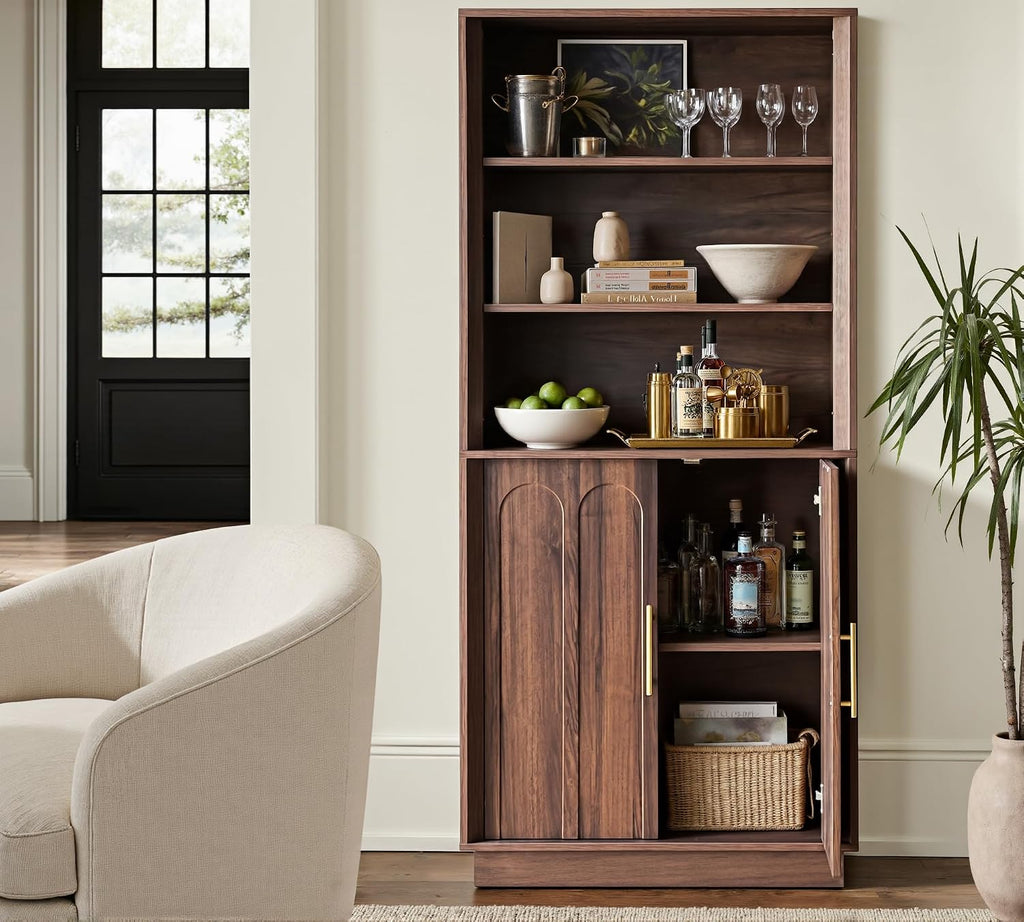 71" Tall Bookcase, 3-Tier Bookshelf with Storage, Walnut | Mid Century Modern Wood Storage Cabinet, Minimalist Arched