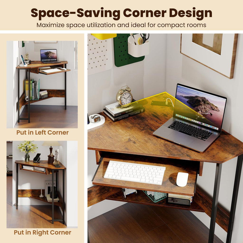 Corner Desk, Triangle Computer Desk with Keyboard Tray & Storage Shelf, Home Office Desk with Built-in Power Outlet