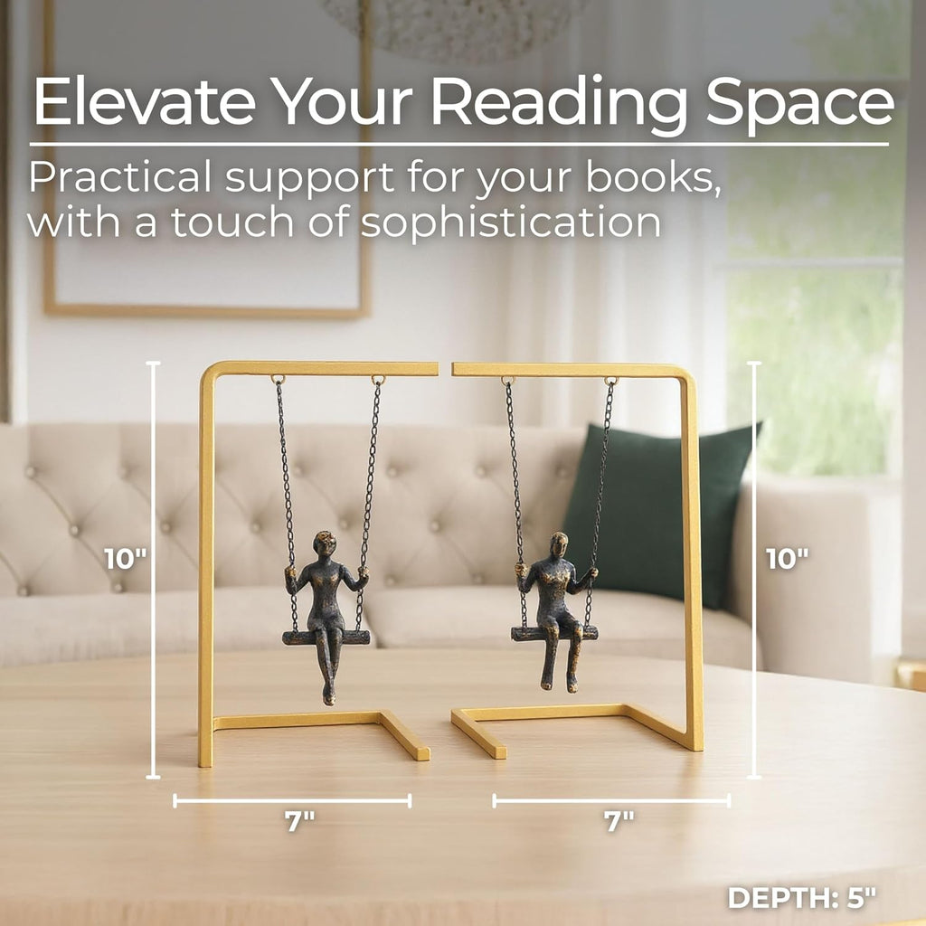 Set of 2 Swinging People Decorative Bookends - Modern Shelf Decor Accents with Gold Metallic Frame - Stylish and