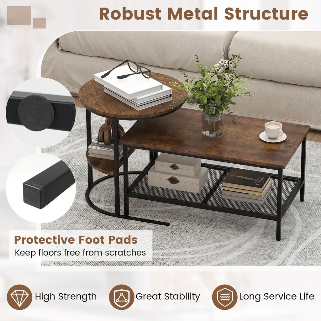 Nesting Coffee Set of 2, Detachable Rectangular & Round Set w/Wood Grain, Sturdy Golden Metal Frame, Modern Stacking