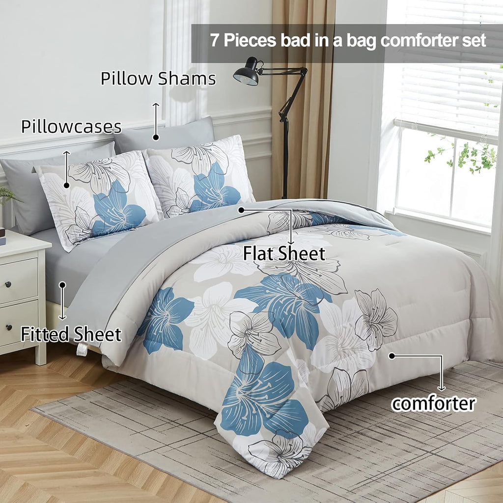 Floral Comforter Set Queen, Blue Floral Comforter and Sheet Set