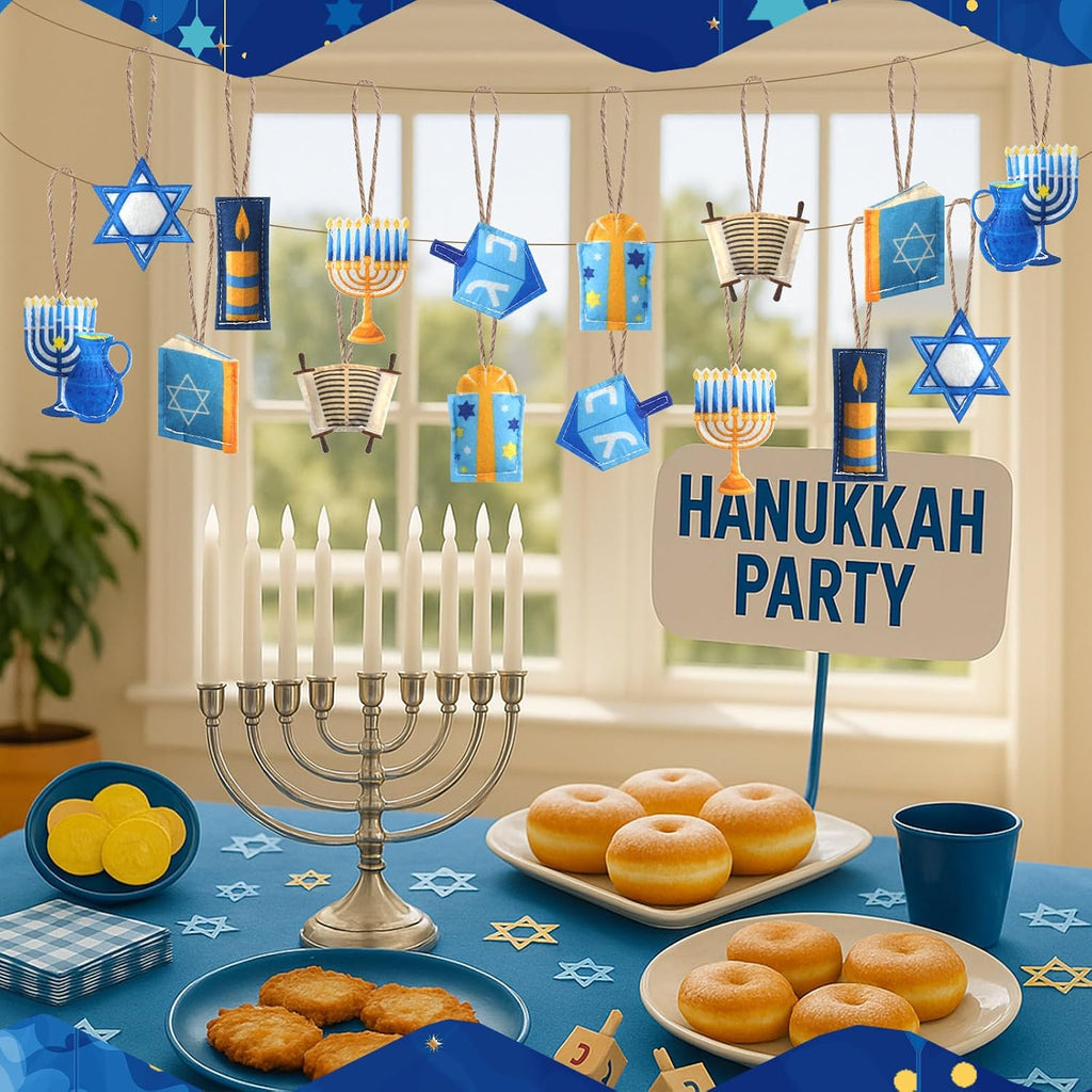 Hanukkah Tree Ornaments 3D Felt Chanukah Jewish Ornaments Dreidel Star of David Hanukkah Decorations Blue - Set of 24