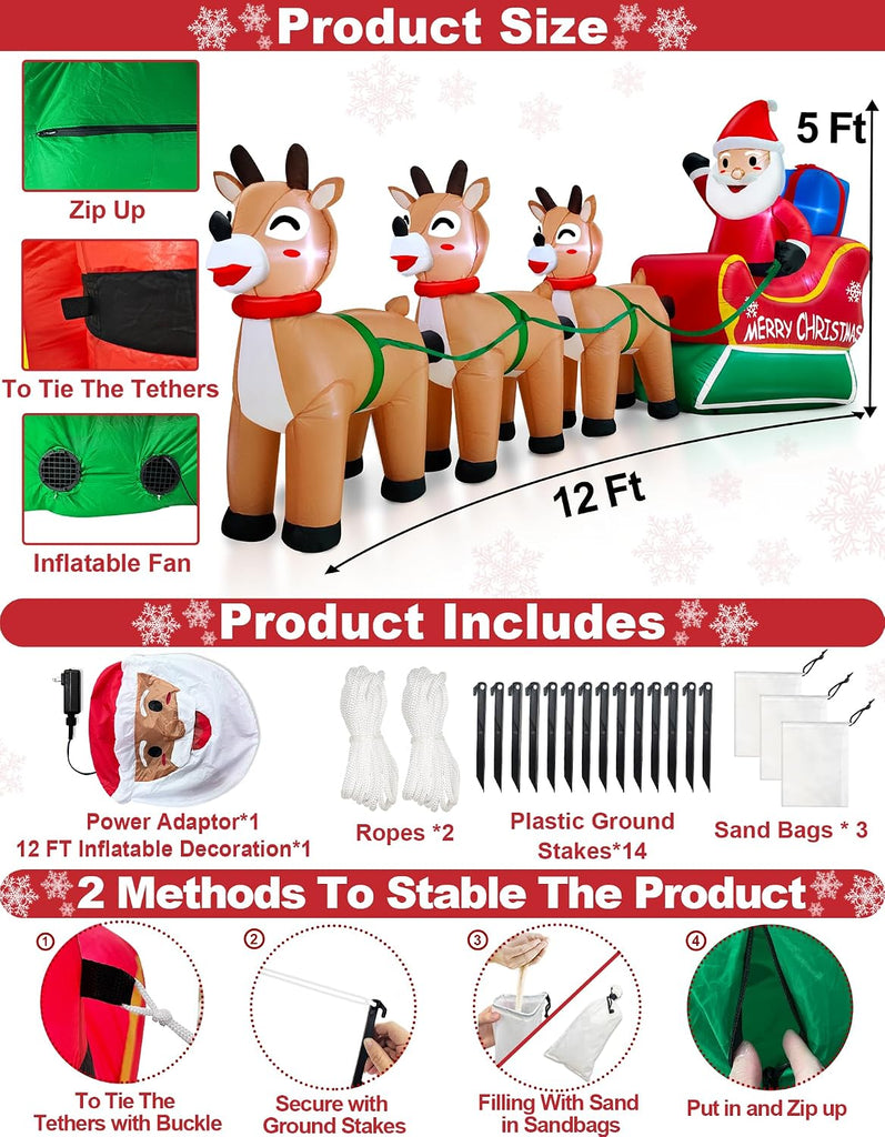 12 Feet Long Christmas Inflatables Santa Claus with Three Reindeer Built-in LED Lights, Blow Up Christmas Outdoor