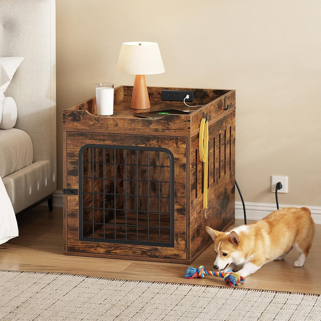 31.5''Dog Crate Furniture with Charging Station, Pet Crate End Table