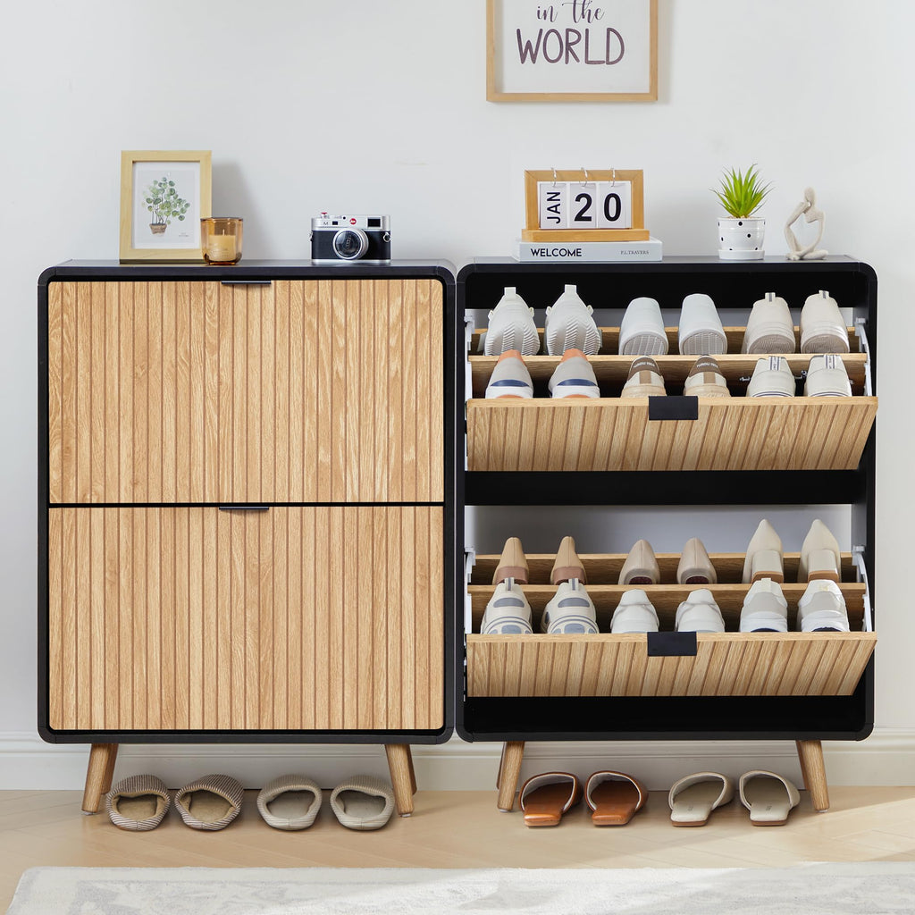 Narrow Shoe Cabinet Storage, Slim Shoe Cabinet with 2 Flip Drawers, Fluted Shoes Rack Organizer (Natural with Black