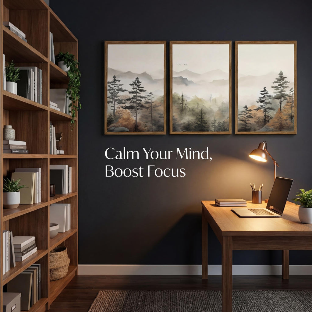 Framed Mountain Landscape Wall Art Set of 3 - Canvas Prints with Real Wood Frame Foggy Pine Tree Misty Forest