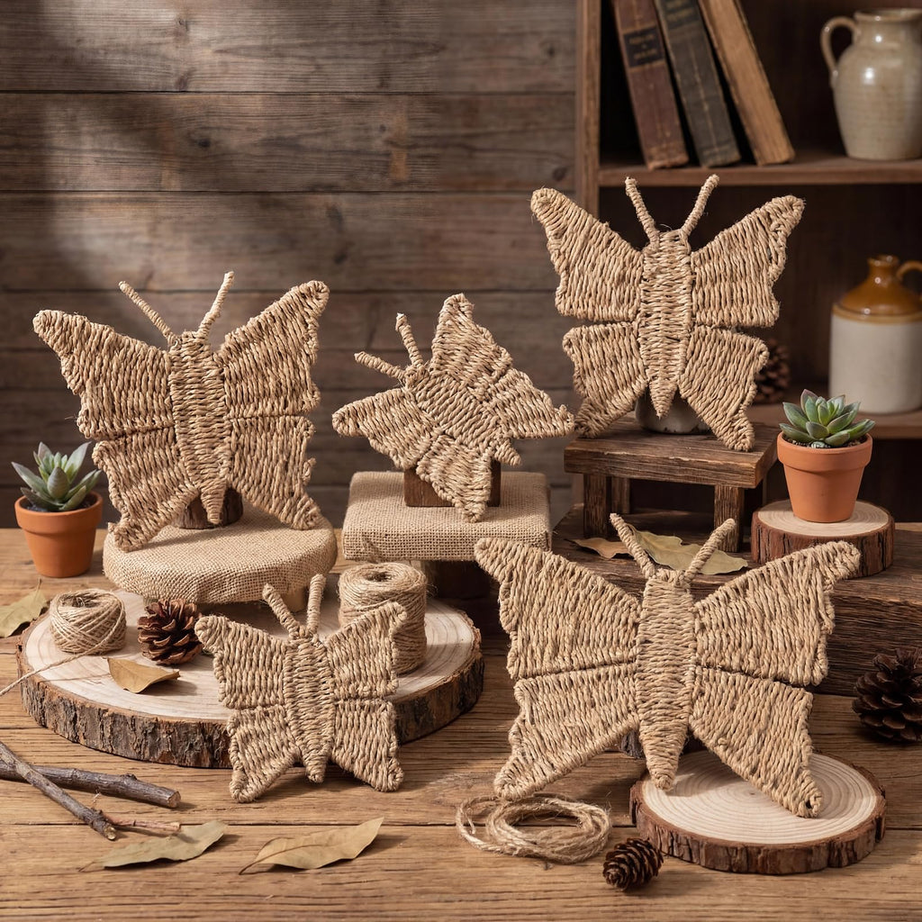 5 Pcs Butterfly Wicker Wall Decor 3 Size Spring Natural Rattan Decor Boho Wall Art Rustic Cottagecore Hanging