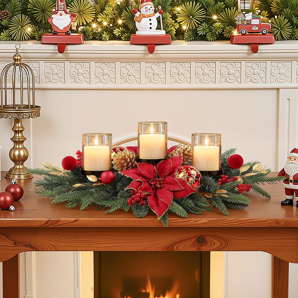 28" Red Gold Christmas Centerpiece with 3 Candle Trays,1 Pcs