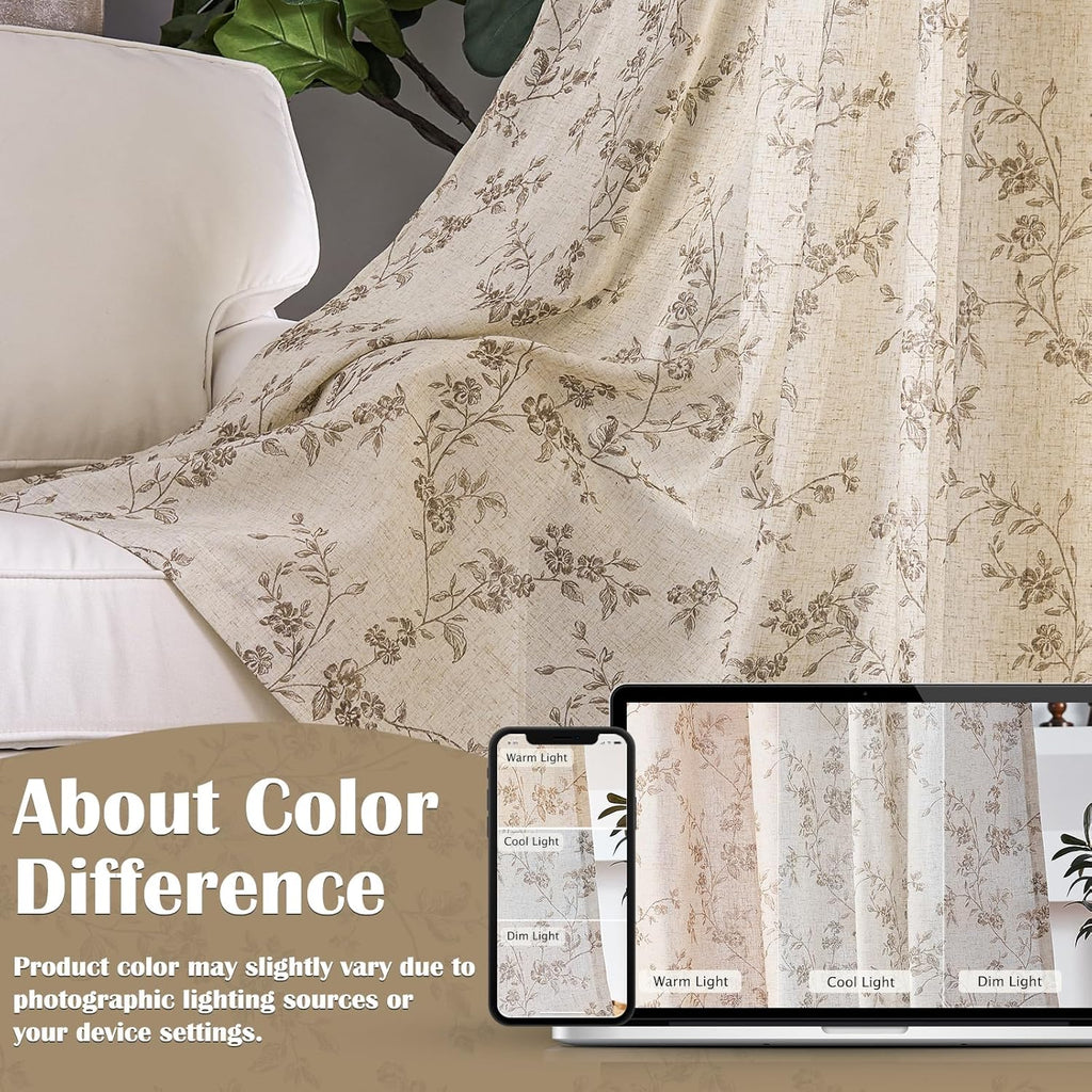 Taupe Floral Linen Curtains 84 Inch Farmhouse Curtain Back Tab Drapes for Living Room Bedroom Light Filtering Vintage